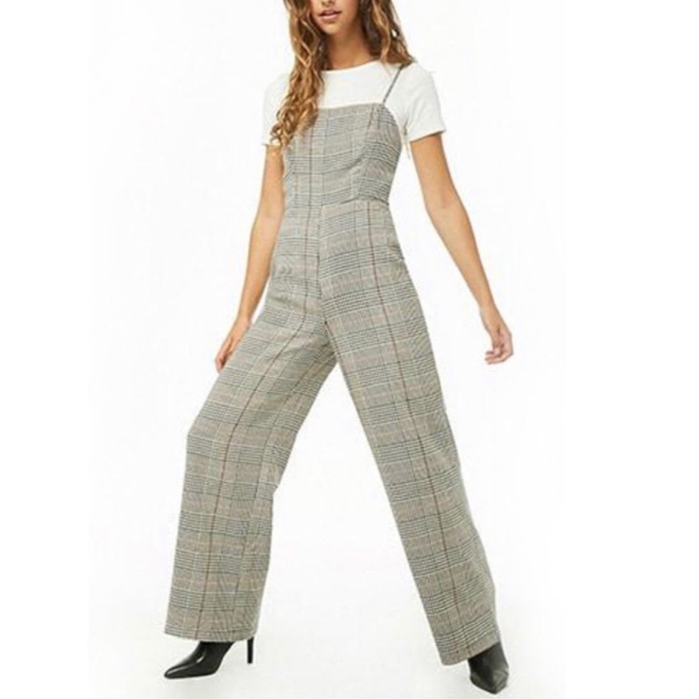 Glen Plaid Wide-Leg Jumpsuit Size Small
